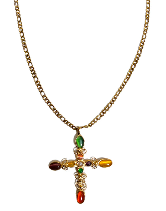 Wealth Natural Gemstone Cross Pendant Figaro Necklace