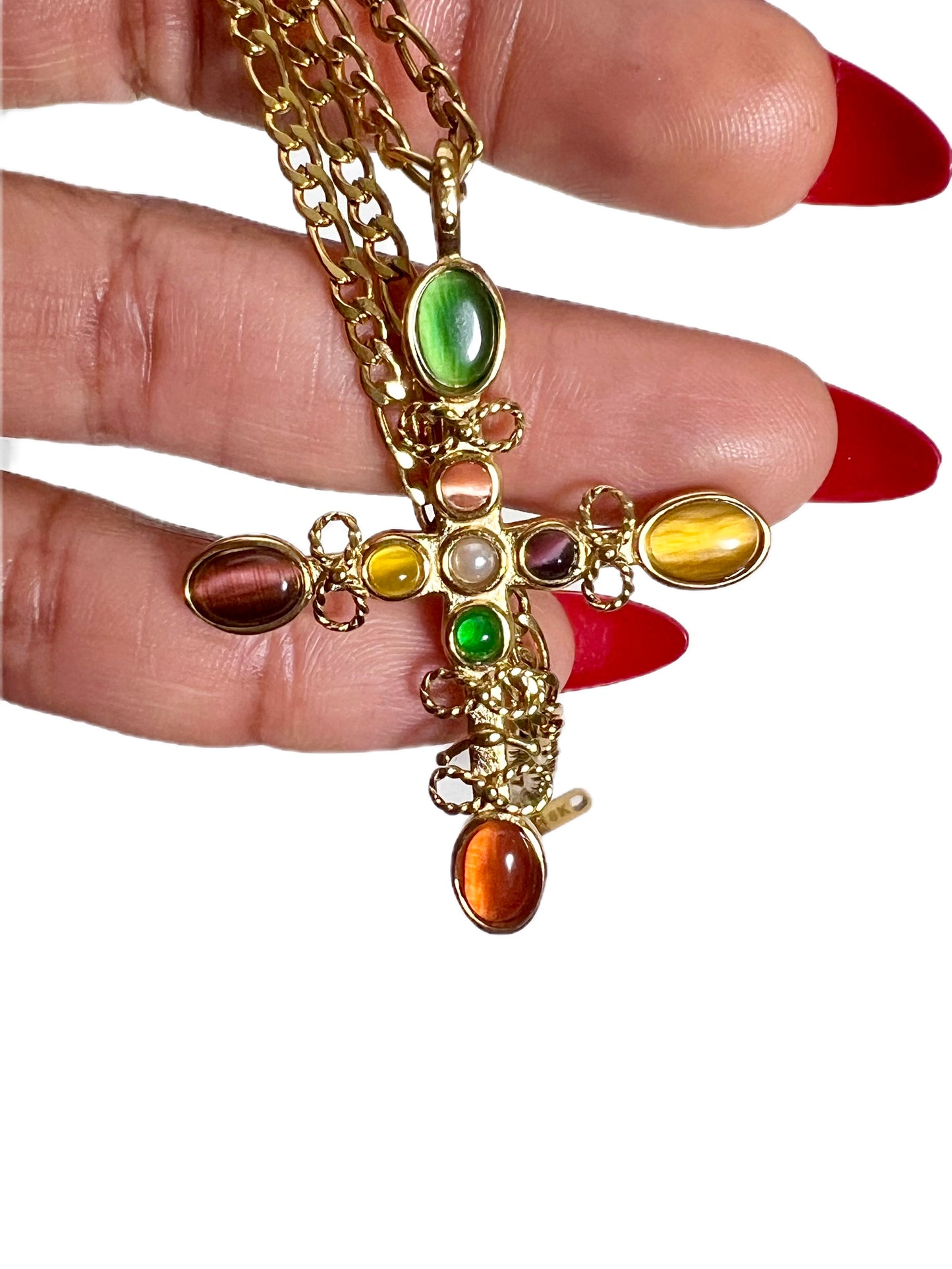 Wealth Natural Gemstone Cross Pendant Figaro Necklace