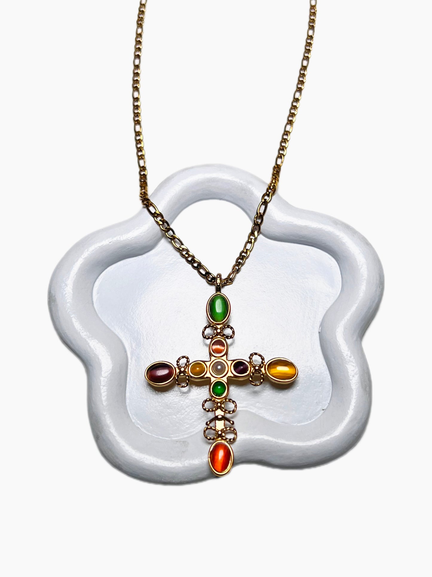 Wealth Natural Gemstone Cross Pendant Figaro Necklace