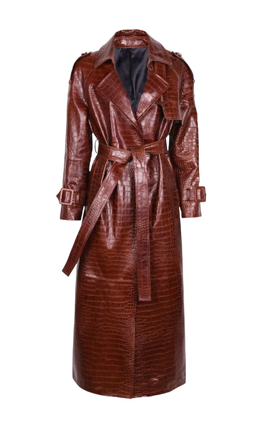 Cecilia Croc Embossed Sheepskin Leather Trench Coat